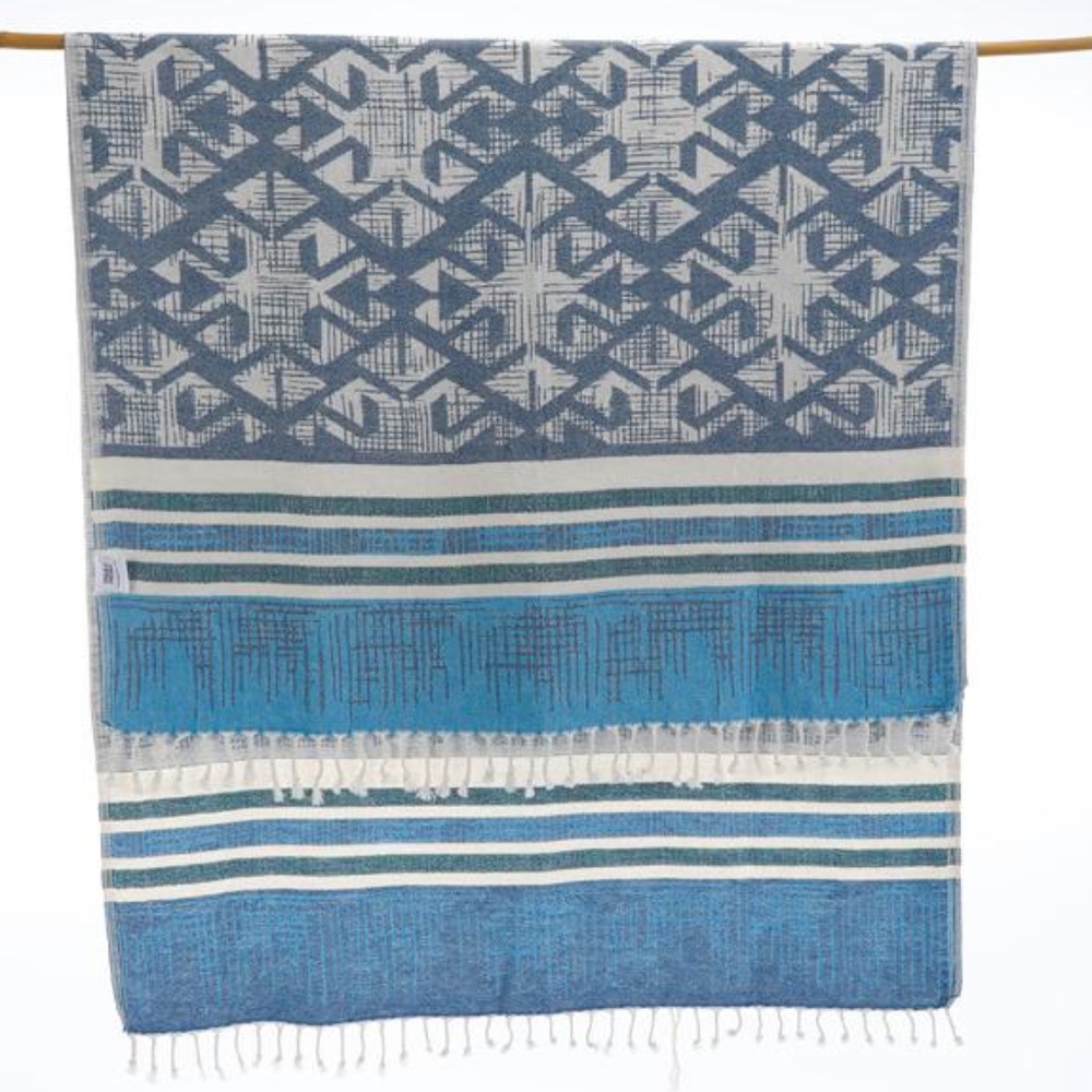 Blue Turkish Cotton Towel Arrow Print Beach Wrap Lightweight Boho Quick Dry